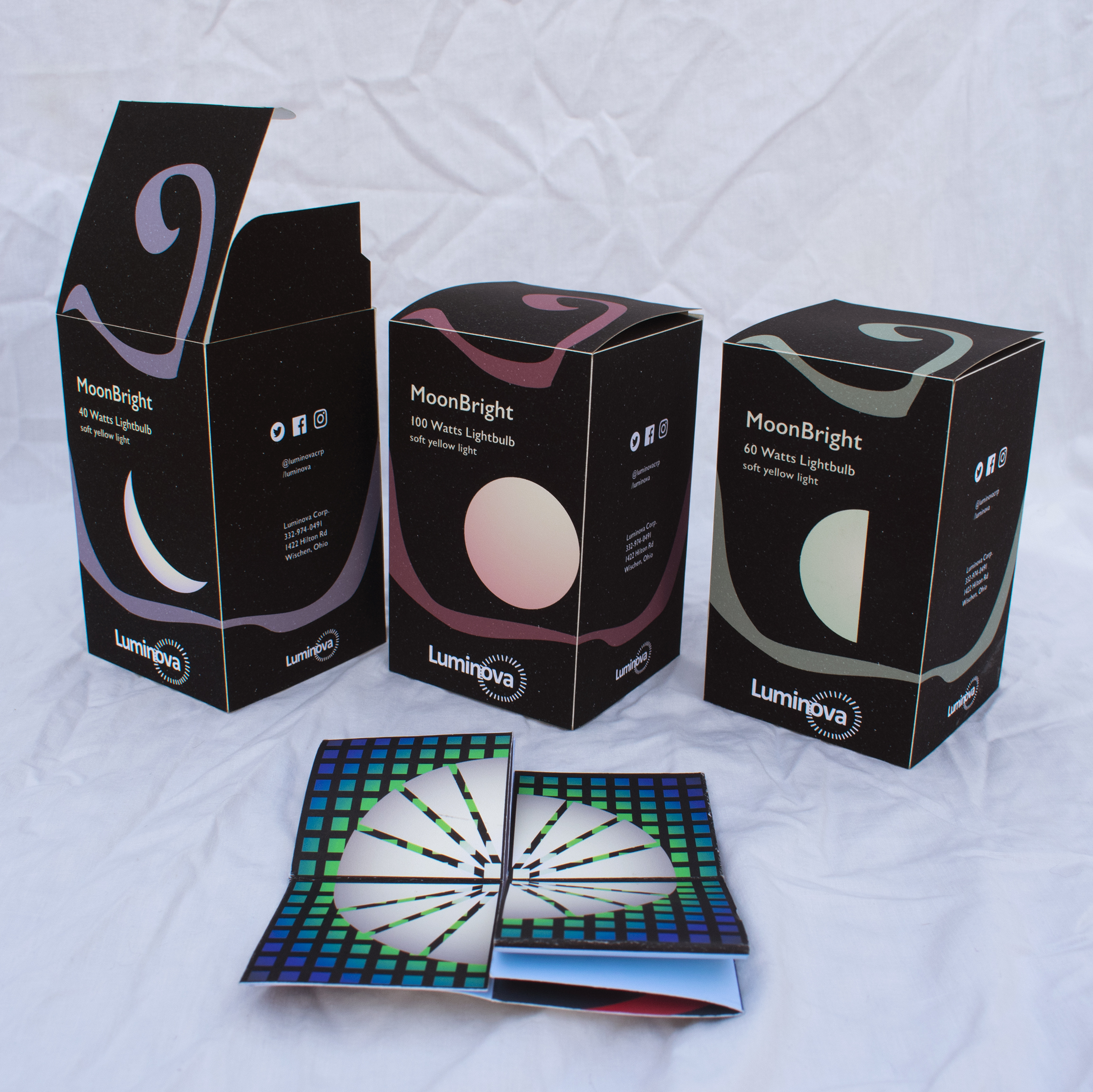 A full set of Luminova Lightbulb Packaging